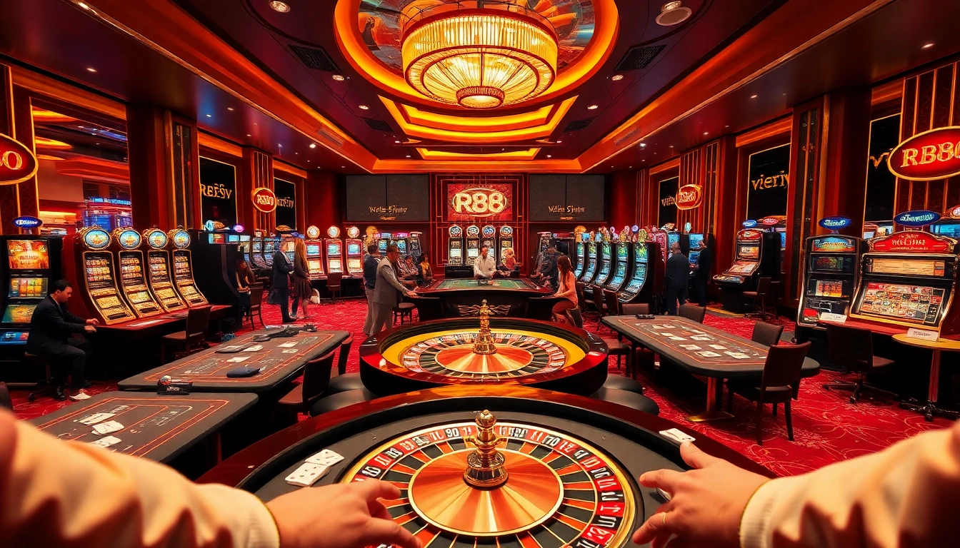 Dynamic gameplay at rr88 casino, featuring lively slot machines and betting tables.