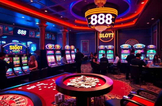 Players engaged in exciting slot 888 games at a vibrant casino atmosphere