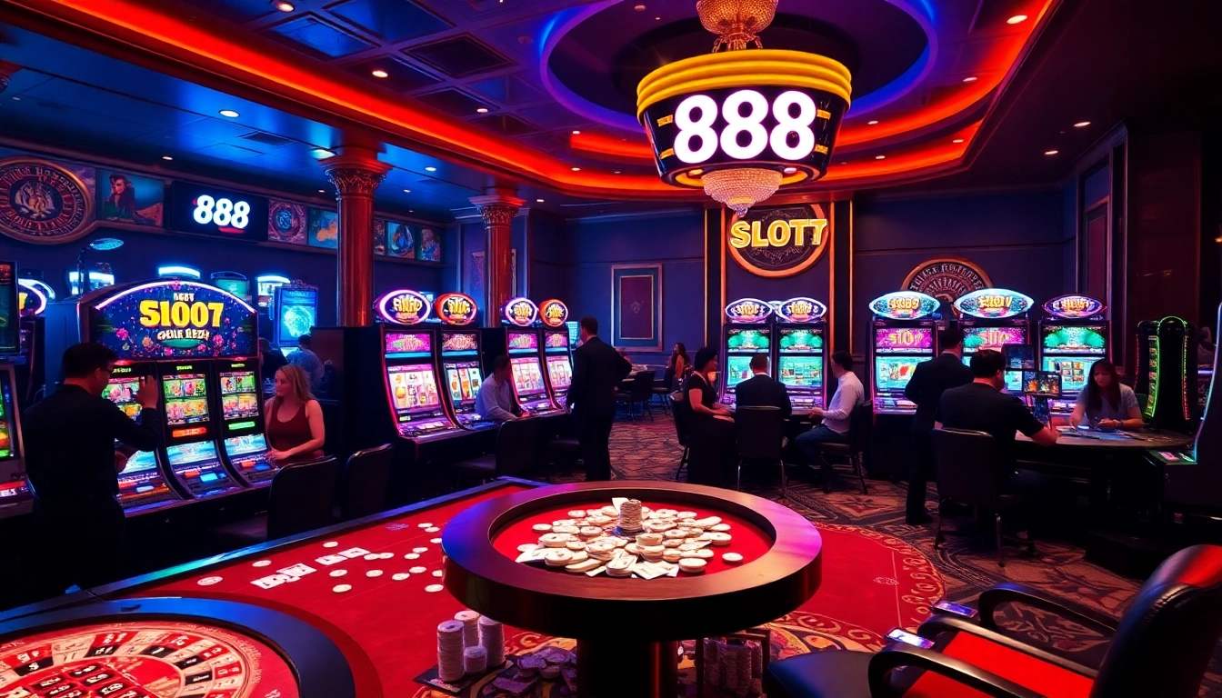 Players engaged in exciting slot 888 games at a vibrant casino atmosphere