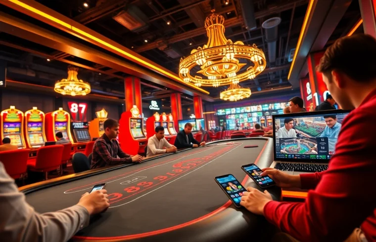 Engaging gaming atmosphere at 8S with players enjoying casino games and sports betting.