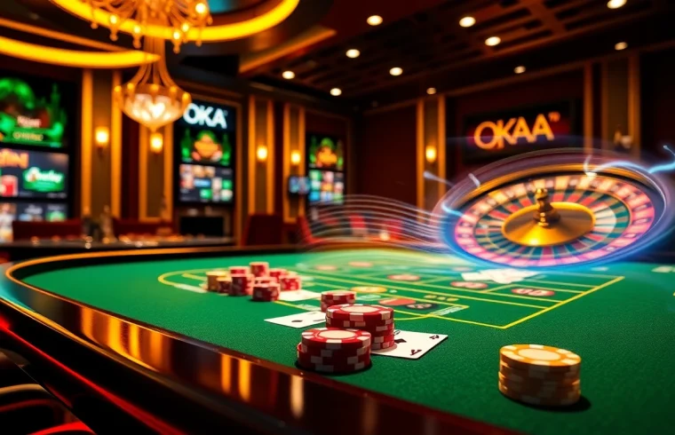 Experience thrilling gameplay at OKATM online casino with vibrant card and poker chip visuals.