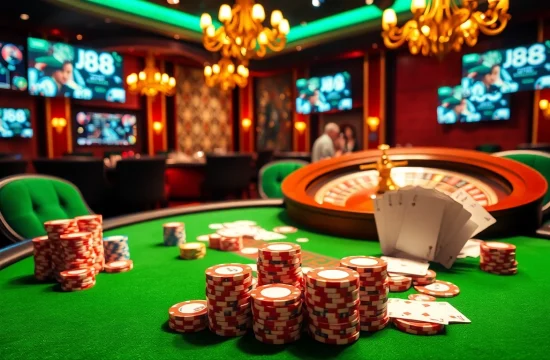 Players enjoying poker at J88 casino, showcasing excitement and vibrant gaming atmosphere.