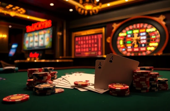 Engage with the LUCKY88 LINK at a luxurious casino table featuring poker chips and cards.