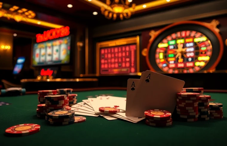 Engage with the LUCKY88 LINK at a luxurious casino table featuring poker chips and cards.