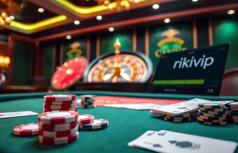 Engage with Rikvip's thrilling online gaming environment featuring poker chips and a roulette wheel.
