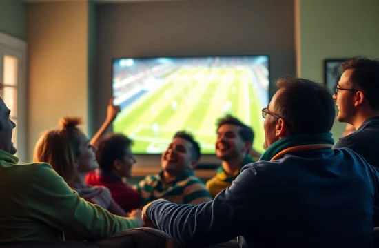 Excited fans watching live matches on Cakhia TV in a cozy living room setting.