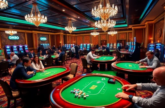DH88 players enjoying a thrilling moment at luxurious poker tables in an upscale casino.