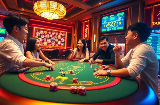 Tài xỉu md5 com players engaging in an exciting game at a glamorous casino table with vibrant colors.
