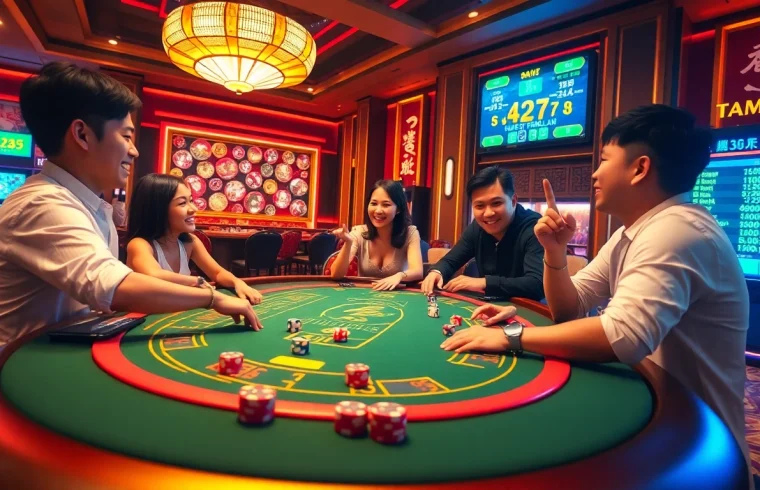 Tài xỉu md5 com players engaging in an exciting game at a glamorous casino table with vibrant colors.