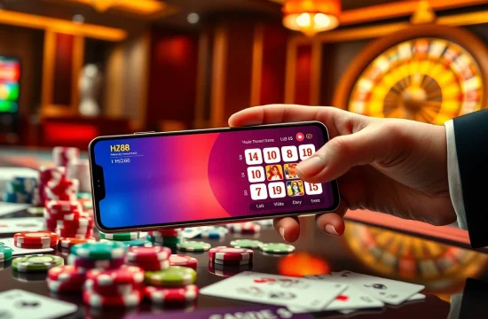 Engaging a winning bet using the hz88 app on a smartphone with vibrant poker chips and casino games