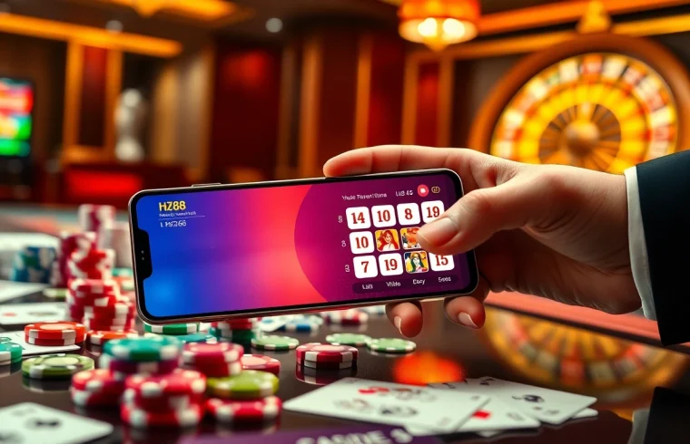 Engaging a winning bet using the hz88 app on a smartphone with vibrant poker chips and casino games