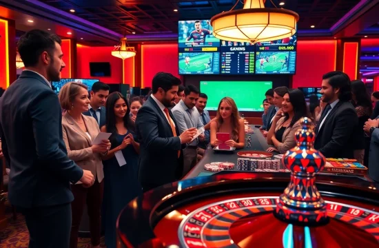 A lively betting scene showcasing Agen Judi Bola at a casino with enthusiastic gamblers placing bets.