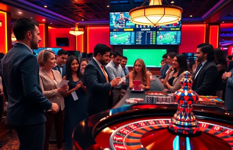 A lively betting scene showcasing Agen Judi Bola at a casino with enthusiastic gamblers placing bets.