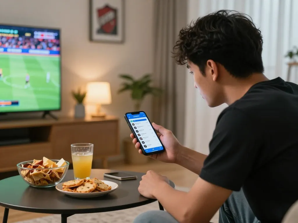 Engaged sports fan analyzing kèo nhà cái hôm nay on mobile app in a cozy home setting