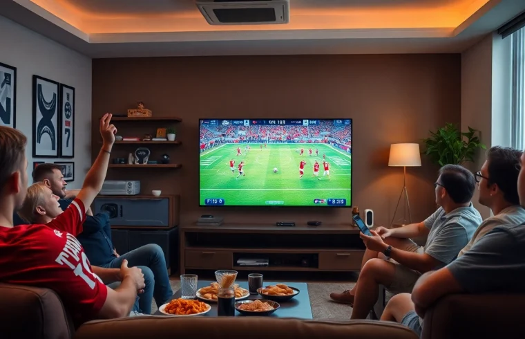Xoilac TV live football match being enjoyed by passionate fans in a cozy living room setting.