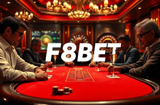 Players immersed in a high-stakes poker game at F8BET casino atmosphere.