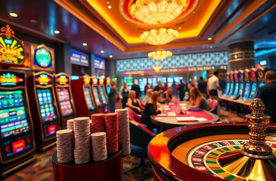 Experience exciting idnslot action with vibrant casino games, poker chips, and roulette wheels in a luxurious casino.