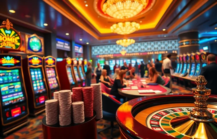 Experience exciting idnslot action with vibrant casino games, poker chips, and roulette wheels in a luxurious casino.