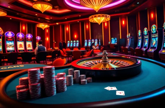 Thrilling gaming experience at Nhà cái uy tín with luxurious casino tables and vibrant poker chips.
