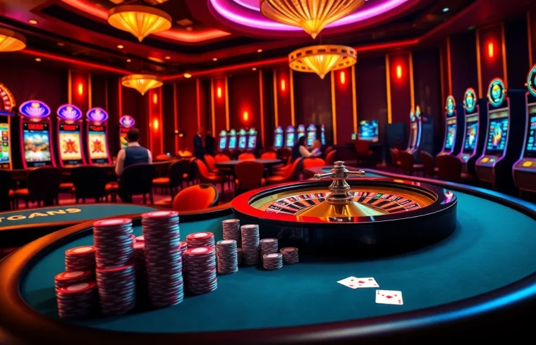 Thrilling gaming experience at Nhà cái uy tín with luxurious casino tables and vibrant poker chips.