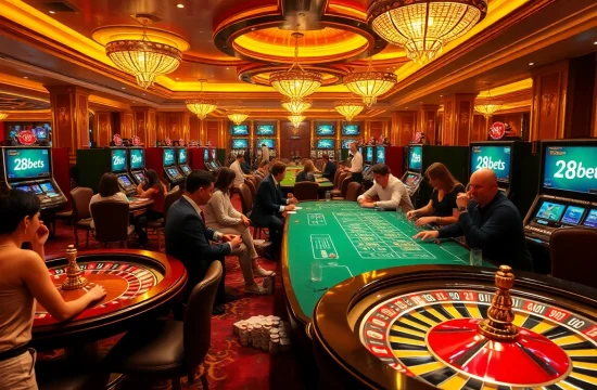 Gamblers enjoying games at 28bets casino with vibrant tables and lively atmosphere.