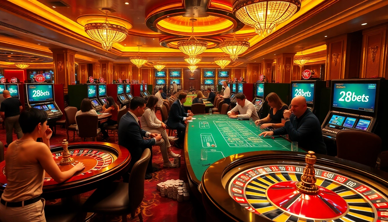 Gamblers enjoying games at 28bets casino with vibrant tables and lively atmosphere.