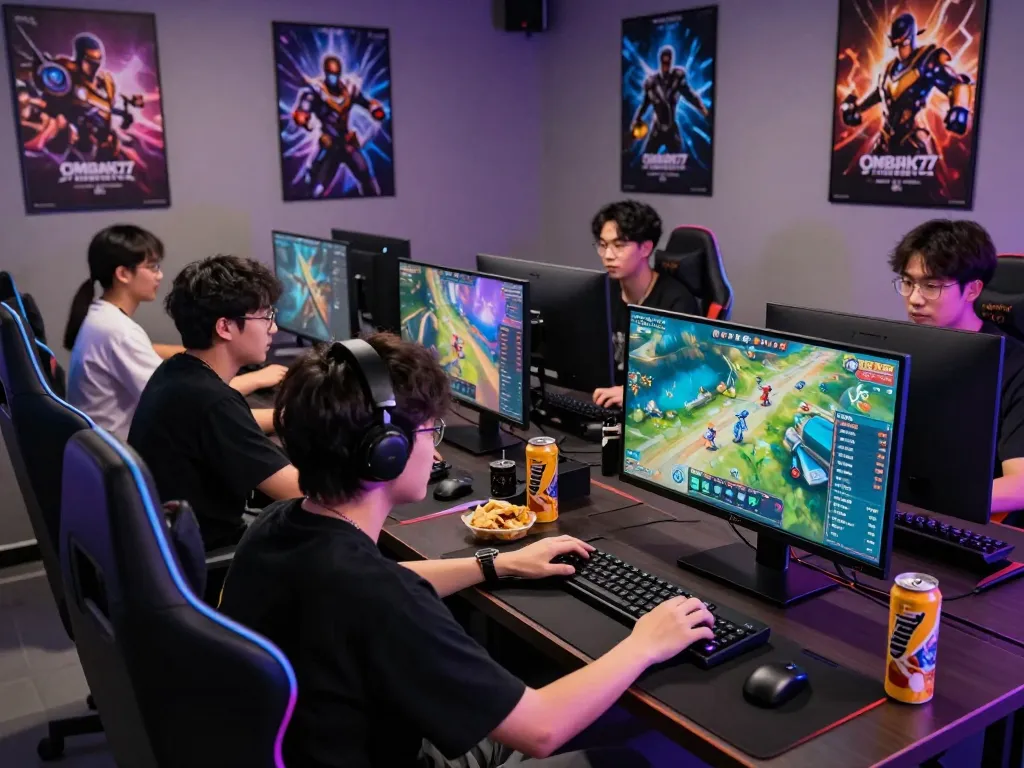 Exciting scene of players enjoying ombak77 game in a modern gaming setup, showcasing vibrant screens and a competitive atmosphere.