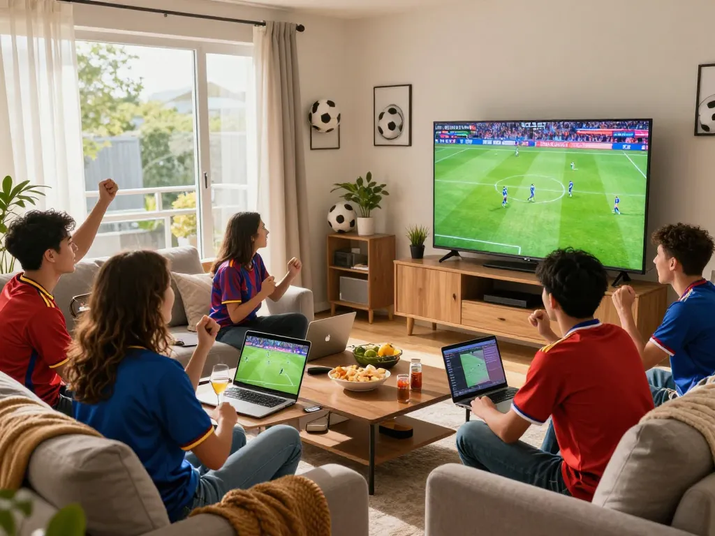 Cheering friends enjoying trực tiếp socolive football match in lively living room.