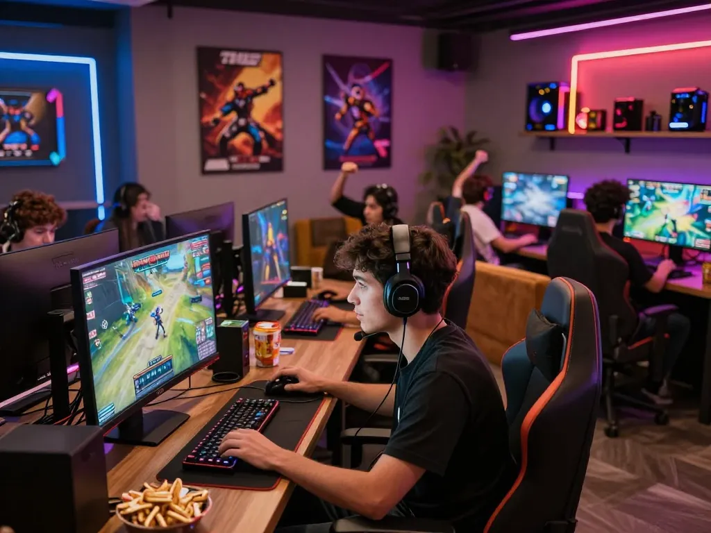 Sunwin gaming lounge filled with enthusiastic players engaged in multiplayer games with immersive visuals.
