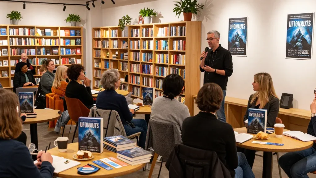 A cozy bookstore event featuring T Allen Greenfield presenting his award-winning book UFOnauts, showcasing engaging readers and vibrant atmosphere at https://tallengreenfield.com.