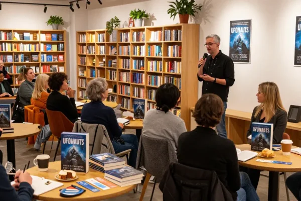 A cozy bookstore event featuring T Allen Greenfield presenting his award-winning book UFOnauts, showcasing engaging readers and vibrant atmosphere at https://tallengreenfield.com.