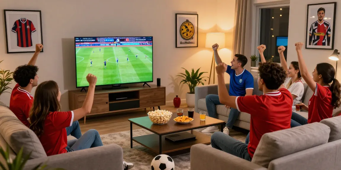 Excited friends enjoying رابط مباريات اليوم in a lively living room during a live football match, snacks and drinks on the coffee table.