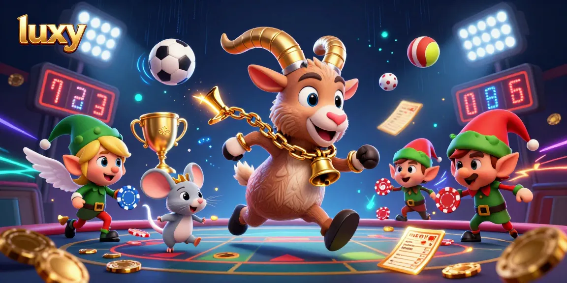 Engage with luxy in this vibrant casino illustration featuring Krampus and festive characters.