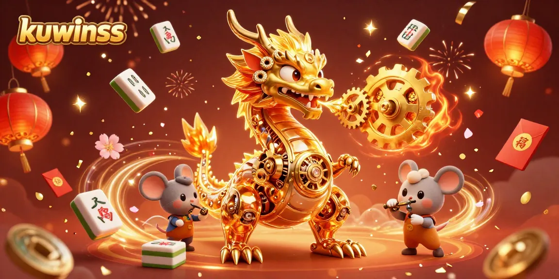 Engage with kuwinss's thrilling casino experience alongside a biomechanical dragon in this vibrant 3D scene.